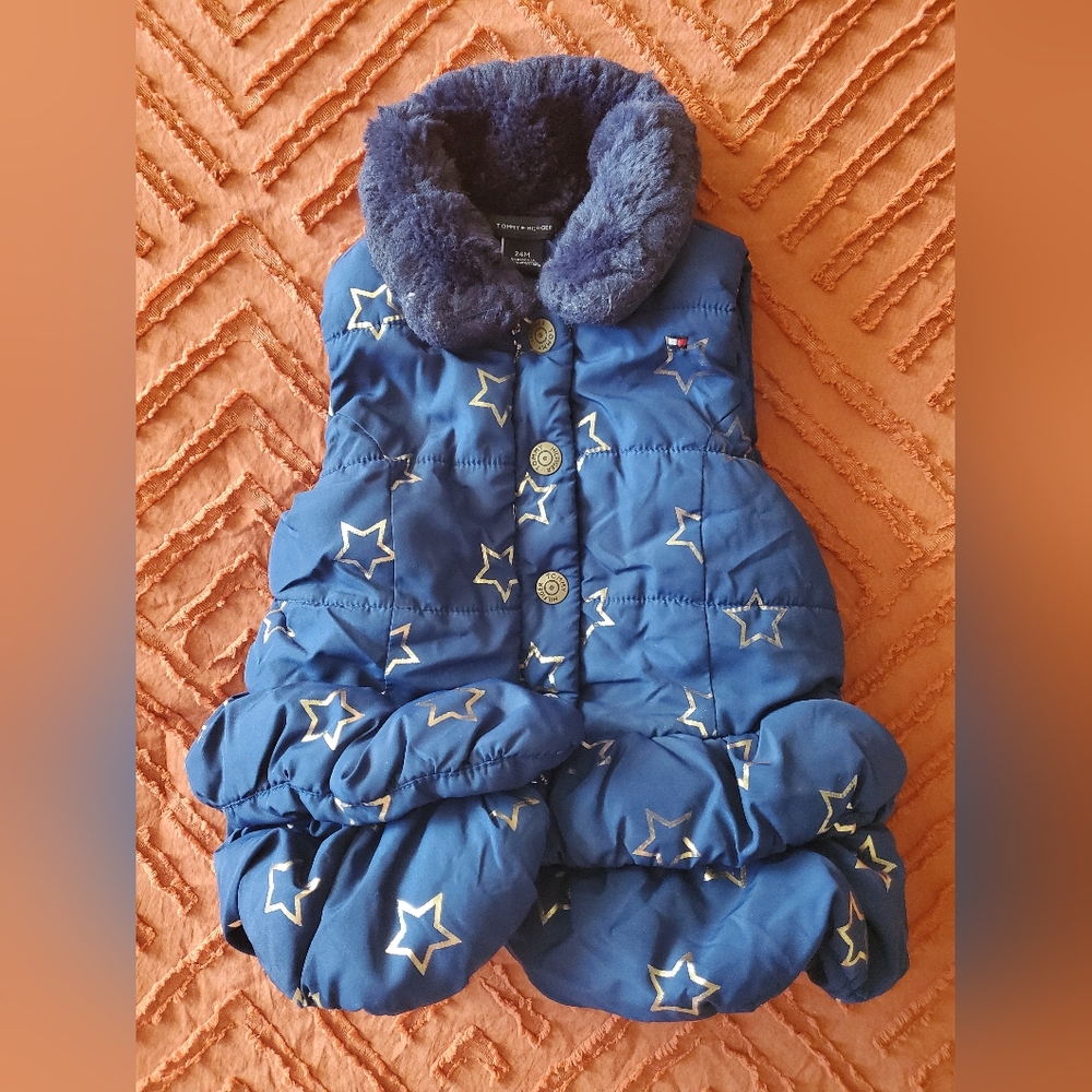Tommy Hilfiger 24M Girl blue vest jacket with gold stars ruffle winter coat